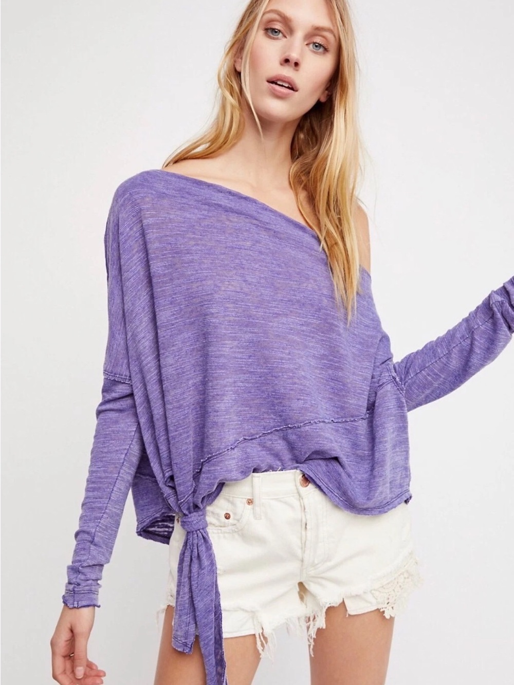 NWT Free People Love Lane Top Tee Lightweight Purple Off-Shoulder Tie Hem‎ Top